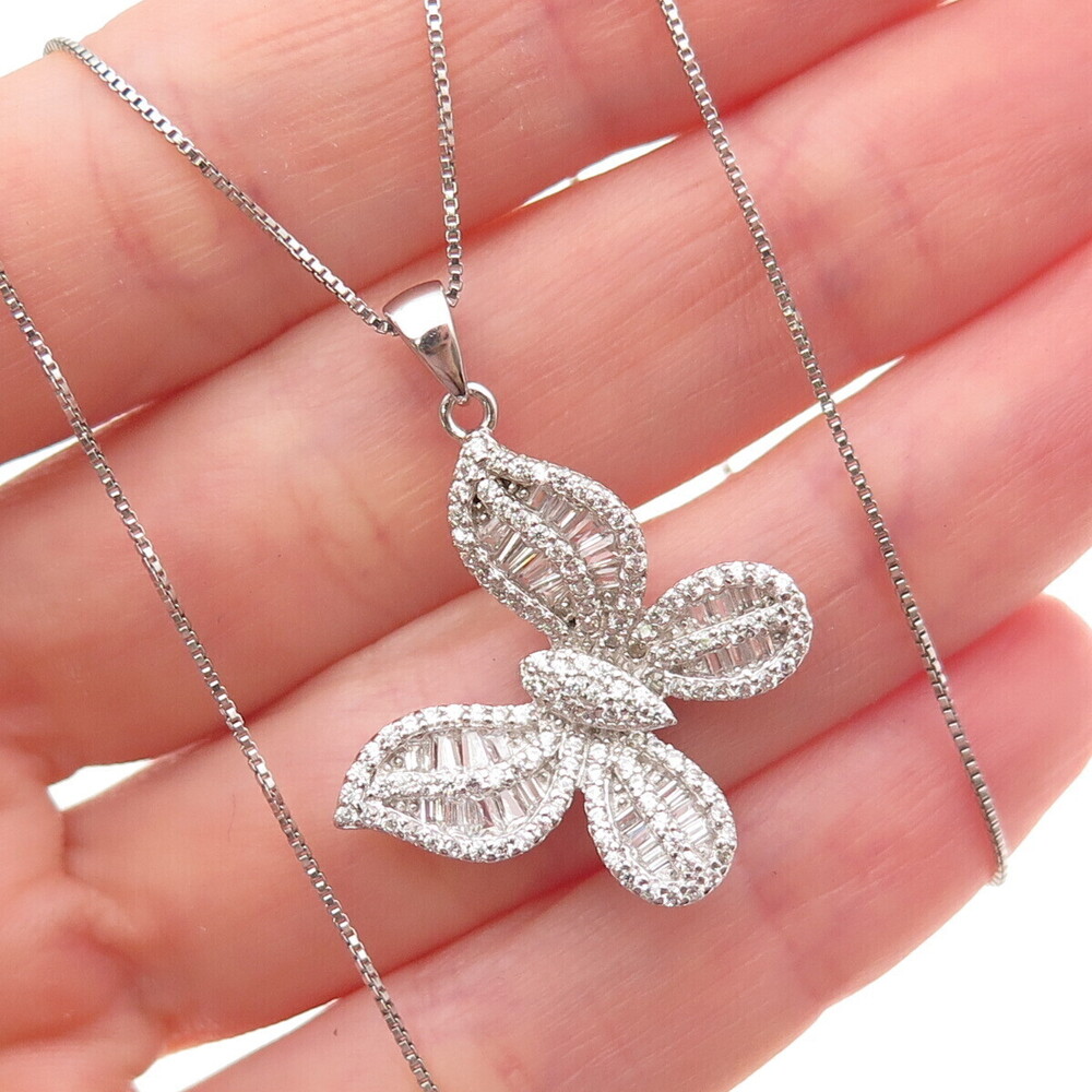 925 Sterling Round & Tapered Baguette-Cut C Z Butterfly Box Chain Necklace 18"